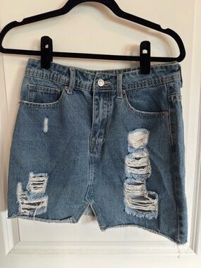 Denim Distressed Mini Skirt - Blue